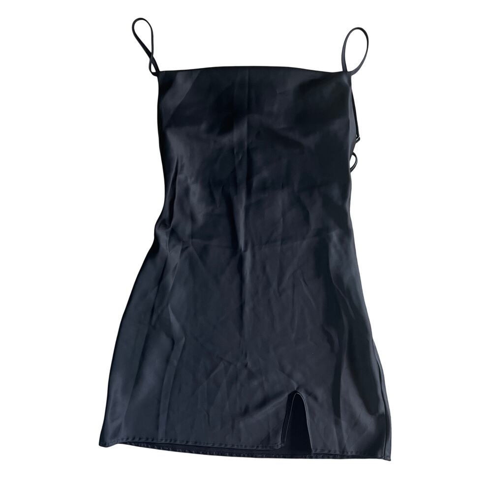 Black Satin Slip Dress Lace Up Back Mini Dress Size M